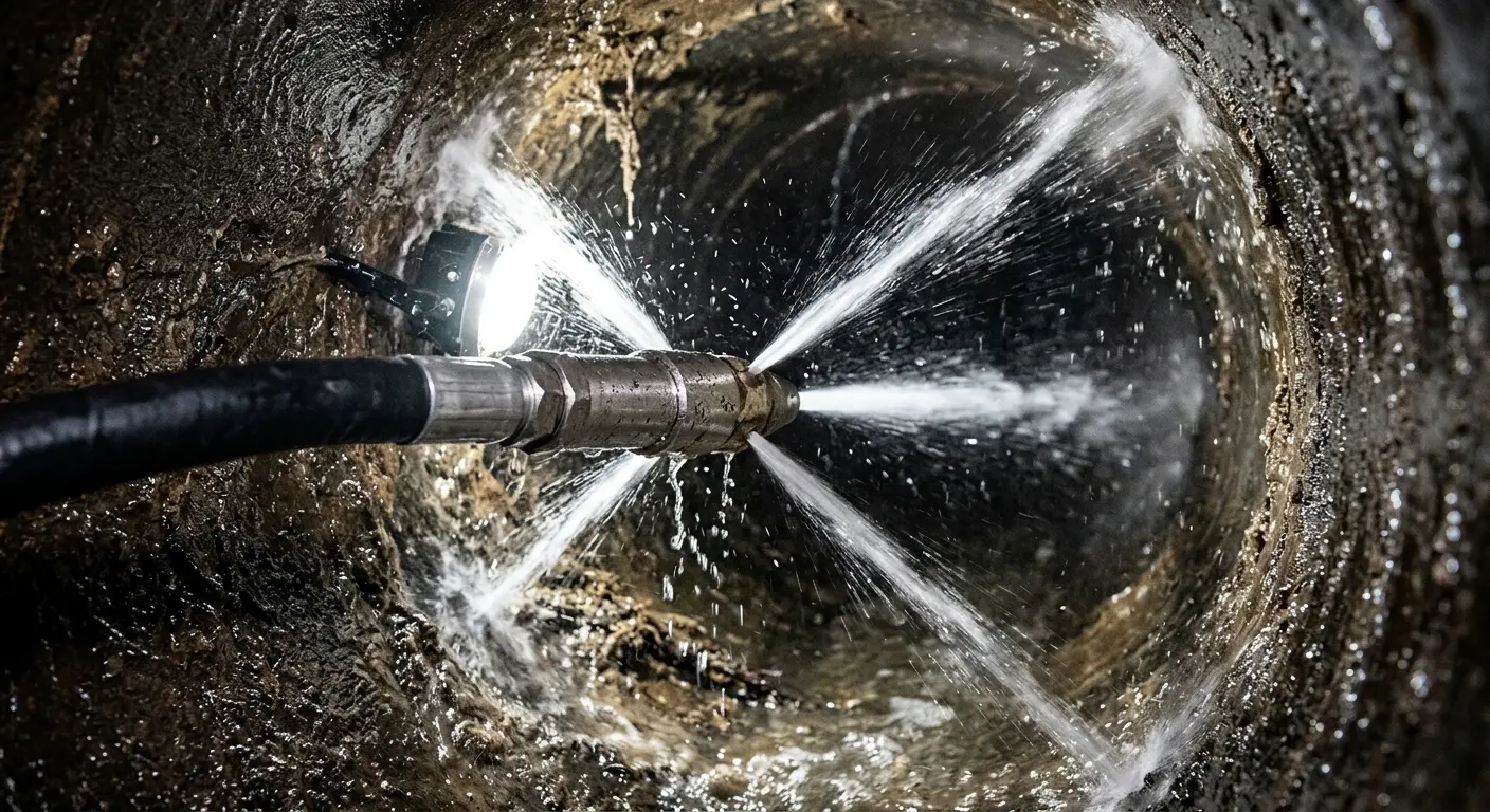 High-pressure hydro jetting nozzle cleaning sewer pipe for Trenchless Sewer Repair in Southaven