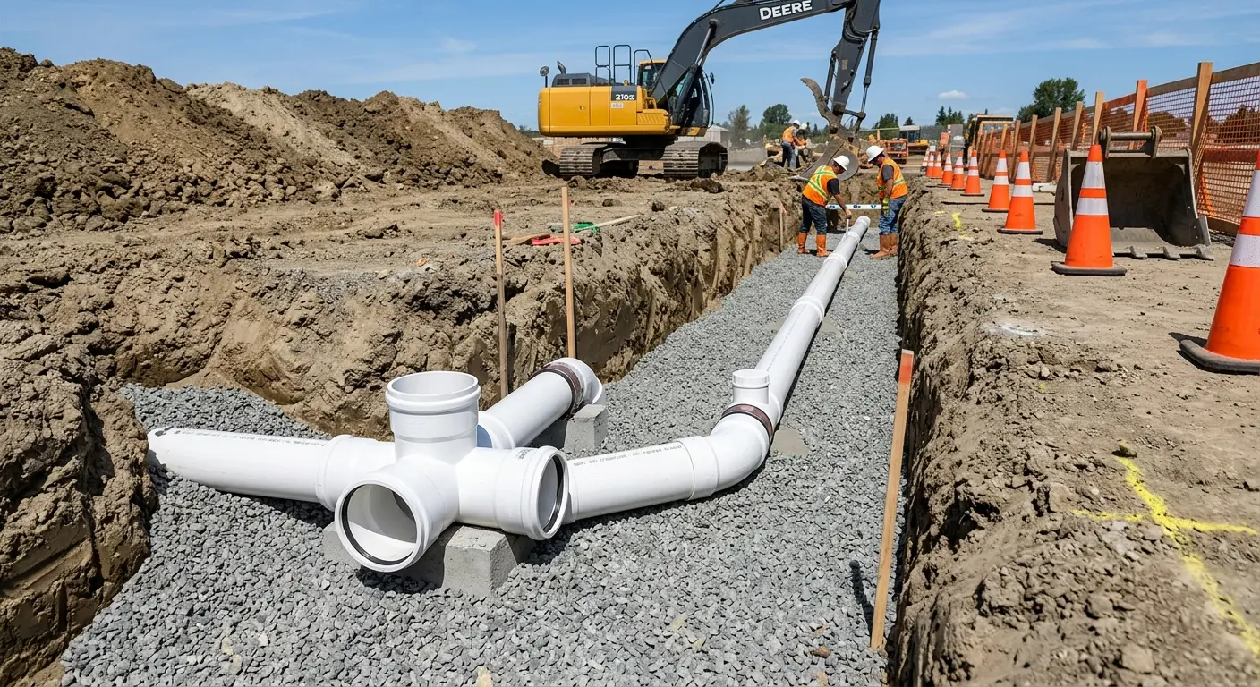 New PVC sewer pipe installation in open trench for Sewer Backup in Southaven