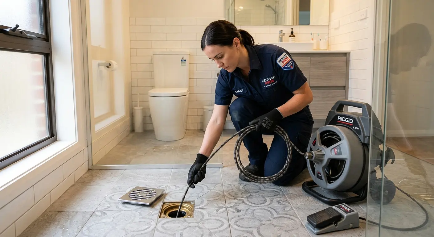 Technician clearing a bathroom floor drain for Drain Cleaning in Southaven